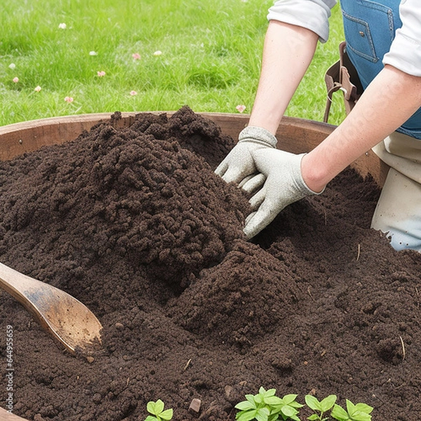 Fototapeta Gardeners hand spreading compost