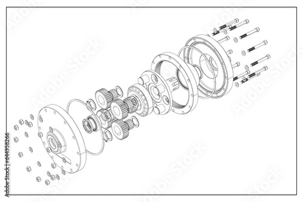 Fototapeta 3D design of a planetary gear with exploded view.
