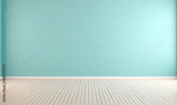 Fototapeta Empty light blue wall with wooden floor and beautiful chiaroscuro. Minimalist background for product presentation, backdrop
