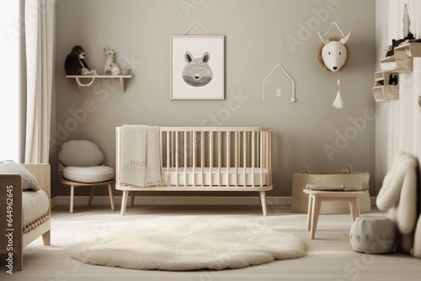 Fototapeta Modern minimalist nursery room in scandinavian style. Generative AI