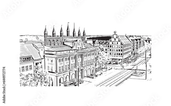 Obraz Building view with landmark of Rostock is the city in Germany. Hand drawn sketch illustration in vector.