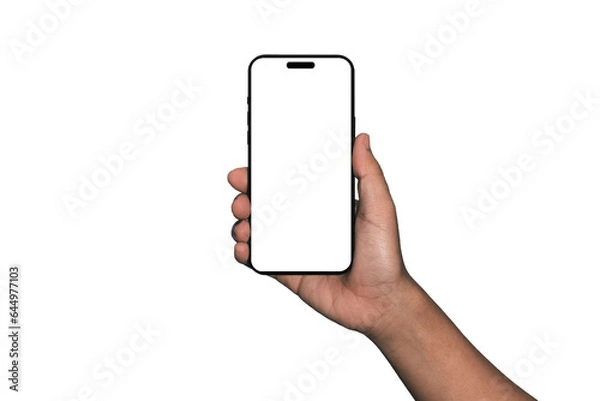 Fototapeta Smartphone similar to iphone 15 with blank white screen for Infographic Global Business Marketing Plan, mockup model similar to iPhone 15 isolated Background of digital investment economy