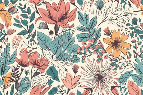 Obraz Vector art painting illustration flower pattern. textile, ornamental, ornate, hand drawn, drapery, curl, watercolor, trendy, painting, repeat, fancy, elements, diverse, deco, stain