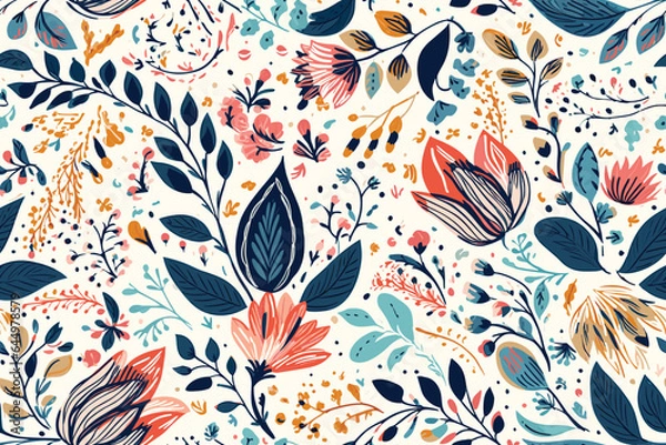 Fototapeta Vector art painting illustration flower pattern. textile, ornamental, ornate, hand drawn, drapery, curl, watercolor, trendy, painting, repeat, fancy, elements, diverse, deco, stain