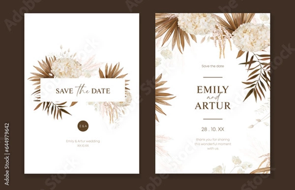 Fototapeta Tropical boho save the date, wedding invite. Dried brown palm leaves, pampas grass, beige hydrangea, lagurus, lunaria bouquet frame. Bohemian watercolor neutral color editable card design template set