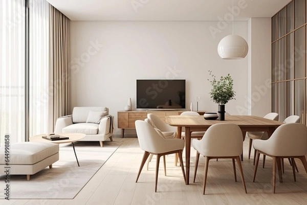 Fototapeta Modern interior design of apartment, dining room with table and chairs, empty living room with beige wall