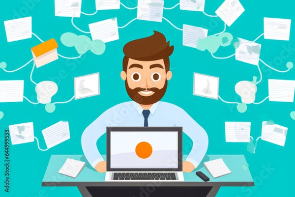 Fototapeta Innovative flat design featuring a focused journalist, seated on a tower of newspapers, typing out today's top story on his laptop, set against a minimalist background.