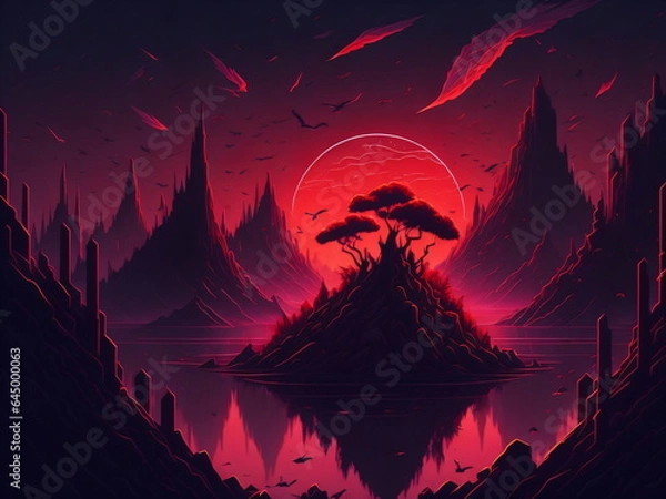 Obraz Fantasy world red gradient sunset, floating islands, space view comets, jungles, birds