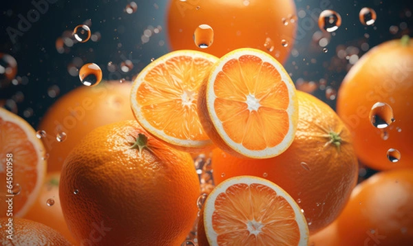 Fototapeta Vibrant oranges float in clear water, illuminated by sunlight. Created by AI