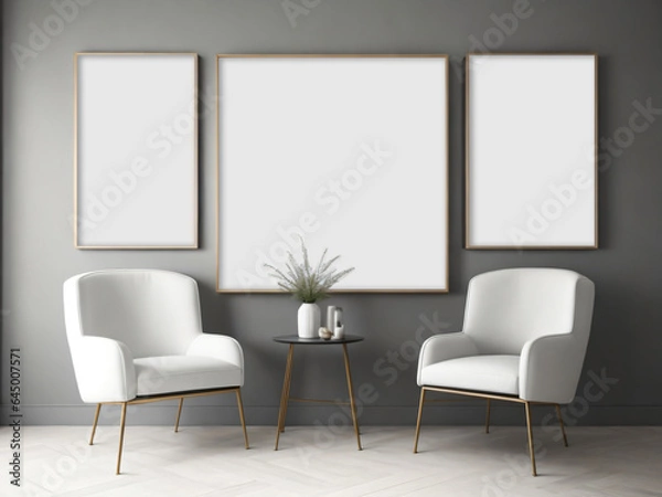 Fototapeta Modern interior with two empty frames and double chairs.