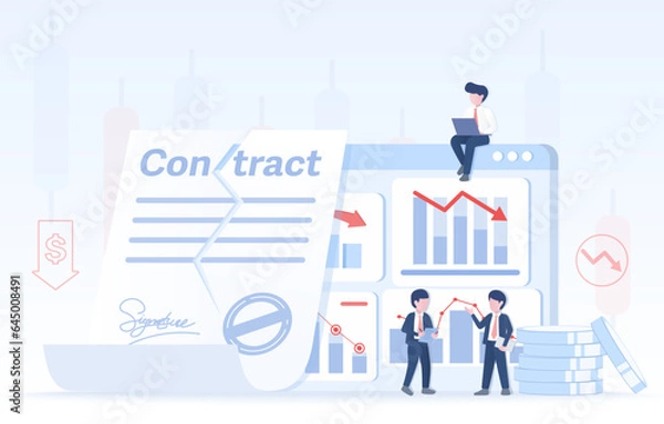 Obraz Stock market crash and contract termination concept. Tearing up contract paper, destroy, disagree, unsuccessful, bankruptcy, downturn, cancel contract. Flat vector design illustration.
