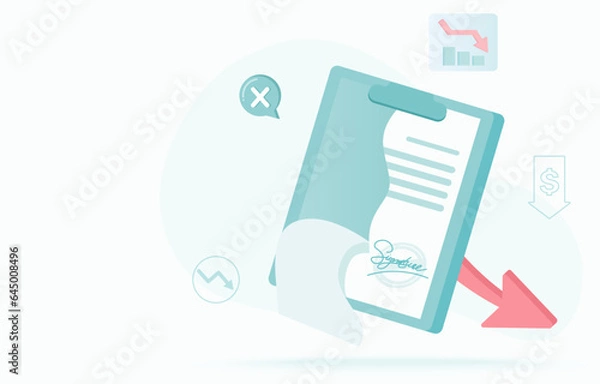 Fototapeta Contract cancellation concept. Termination or dismissal contract tear, contract failure, negotiation, problem, stocks market crash and reject confirmation. Flat vector illustration with copy space.