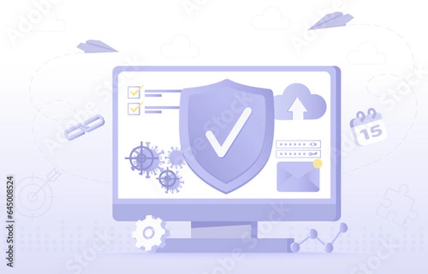 Obraz Data protection concept. Safety and security technology, password protection, firewall, sensitive data, antivirus system, access to account, backup. Flat vector design illustration.