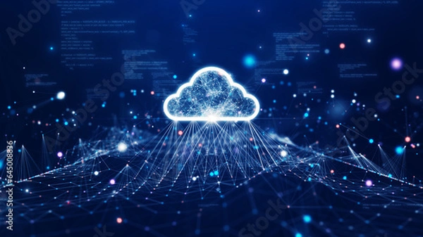 Fototapeta Cloud and edge computing technology data transfer concept. A large cloud icon is in the center. abstract code Interconnected polygons and multicolored dots on a dark blue background.