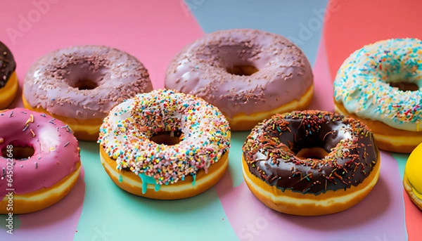 Fototapeta donuts with icing sugar, Round and vibrant donuts, covered in an array of sprinkles, snack, delicious, breakfast, baked, Ai generative 
