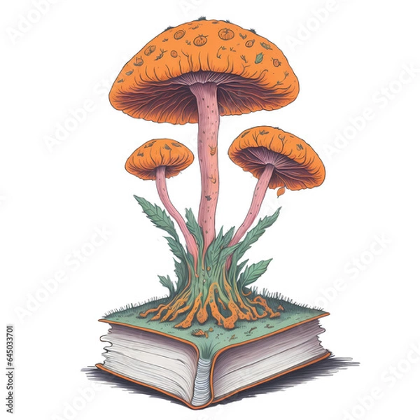 Fototapeta watercolor mushroom growing out of a book, halloween editionon a white background.. Image created using artificial intelligence.