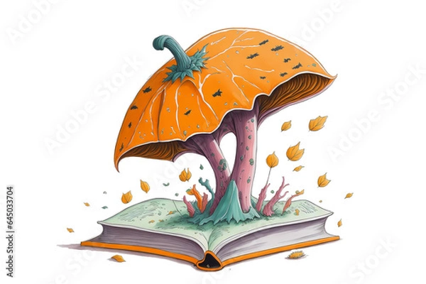 Fototapeta watercolor mushroom growing out of a book, halloween editionon a white background.. Image created using artificial intelligence.