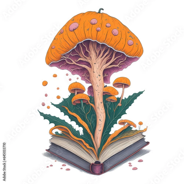 Fototapeta watercolor mushroom growing out of a book, halloween editionon a white background.. Image created using artificial intelligence.