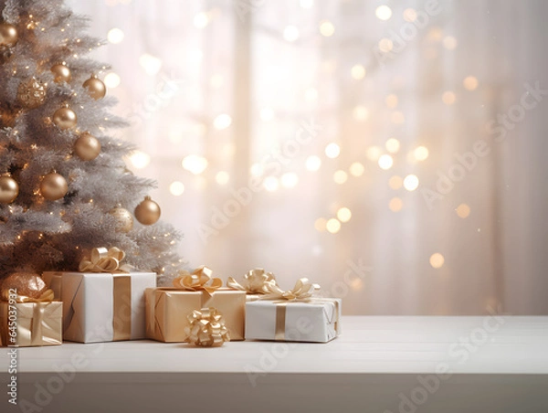 Fototapeta White & gold Christmas presents on empty table with blurred window and bokeh lights