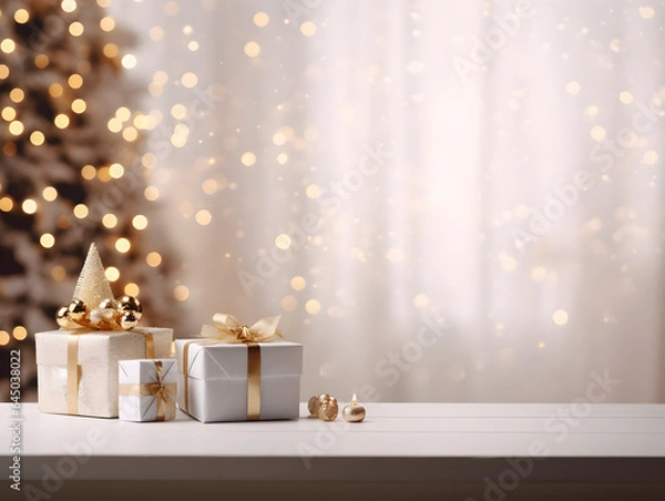 Fototapeta White & gold Christmas presents on empty table with blurred bokeh lights and curtain