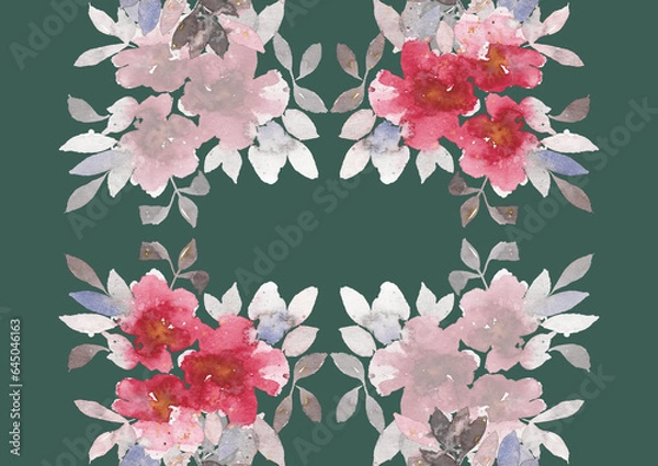 Fototapeta Delicate square-shaped floral print, originally painted in watercolor, with a green background
