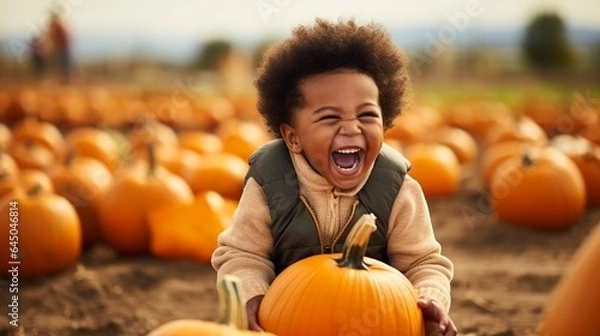 Fototapeta Happy little African American boy in a pumpkin patch in autumn, Halloween season events, with copy space.