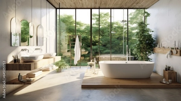 Fototapeta Spacious bathroom thanks to the full-wall window with perfect harmony of white tub and wood. Generative AI Technology 