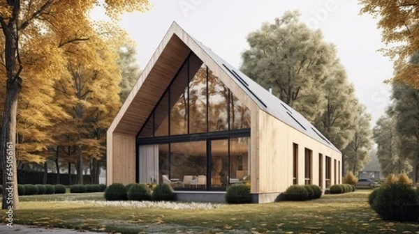 Fototapeta Peaceful house middle of the forest. Far away the city noise. Where you can live with your family safety and love. Generative AI Technology 