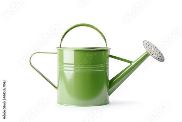 Fototapeta A closeup of a shiny green watering can isolated on white, promoting the vitality of outdoor plants and ensuring their well-being throughout the spring season.
