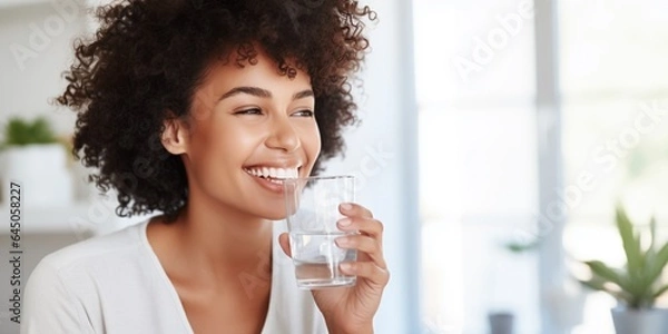 Fototapeta A beautiful young African American woman in white shirt is drinking a glass cup of water in the morning, on blurred white modern home background, healthy life style concept, with copy space.