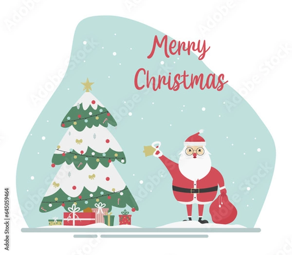 Fototapeta Christmas card with Santa Claus, Christmas tree, decorations and text. Victor illustration in flat style.