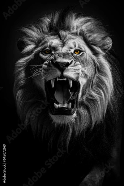 Fototapeta Photorealistic portrait of a wild roaring lion in black and white format