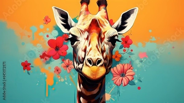 Fototapeta  a painting of a giraffe's head with flowers around it.  generative ai