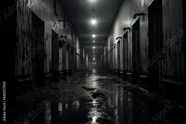 Obraz Creepy old shabby corridor of mental hospital with puddles on the floor, horror style, dark corridor of abandoned building, abandoned house interior, spooky, scary background.