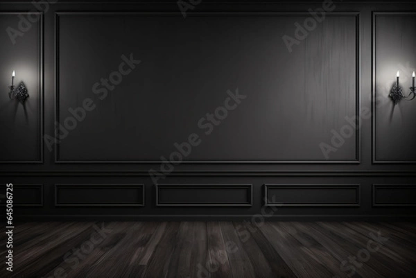 Fototapeta Empty black texture backdrop with interesting lights for product presentation