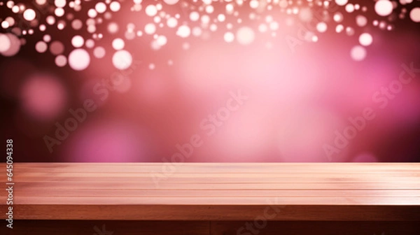 Fototapeta Empty wooden table with abstract bokeh lights pink background For product display