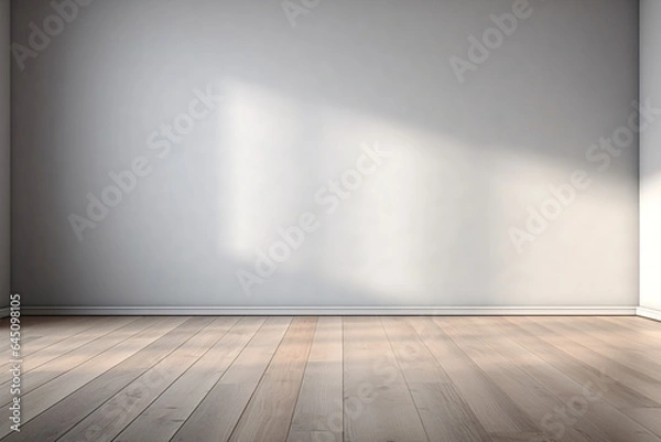 Fototapeta light gray empty wall with wooden floor and interesting glare of sun from window. Interior background for the presentation of product