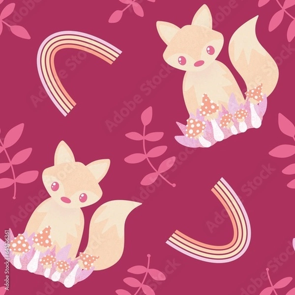 Obraz Autumn cartoon animals seamless fox and mushrooms fly agaric pattern for wrapping paper and fabrics and kids