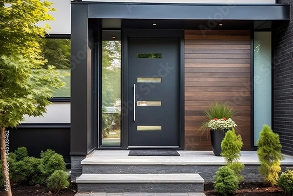 Obraz Modern Black Fiberglass Front Entry Door, Single Door With One Sidelite