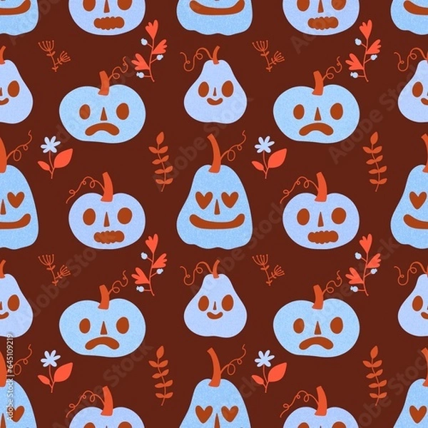 Fototapeta Halloween cartoon pumpkins seamless autumn pattern for festive packaging and wrapping paper and fabrics