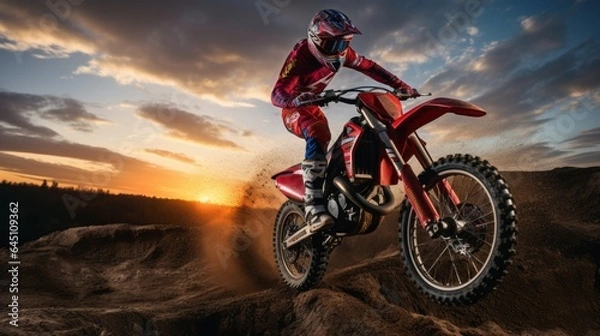 Fototapeta Motocross Extreme Sports in Nature:a person riding a orange motorcycle in the track