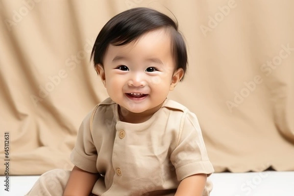 Obraz Smiling Asian baby on a beige background