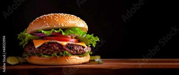 Fototapeta delicious hamburger on wooden board on a black background. vegan hamburger, vegetarian. copy space