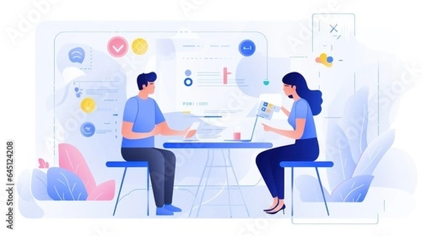 Fototapeta Illustration of people at work talking about new and current projects