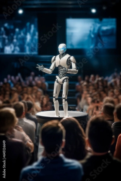 Obraz A futuristic robot giving a speech to a large group of people who listen absorbed, out of focus faces, vertical
