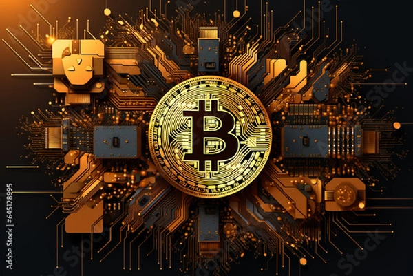 Fototapeta Bitcoin BTC Symbol Münze mit Computer Blockchain Technologie. Generative Ai.