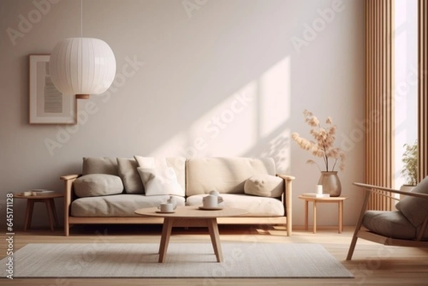 Fototapeta Cozy living room in a modern nordic designed home with plenty of natural light