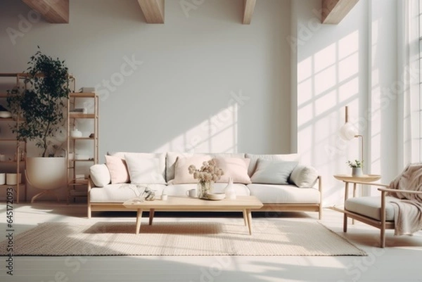 Fototapeta Cozy living room in a modern nordic designed home with plenty of natural light