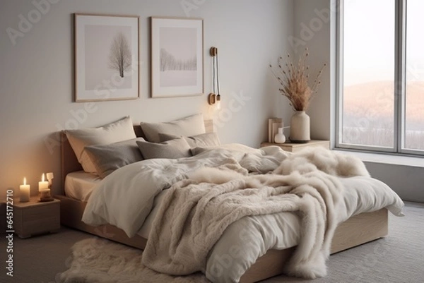 Obraz Nordic designed interior of a cozy bedroom in a modern house with plenty of natural light