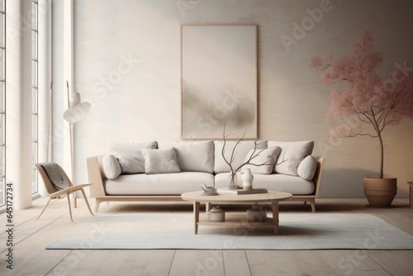 Fototapeta Cozy living room in a modern nordic designed home with plenty of natural light